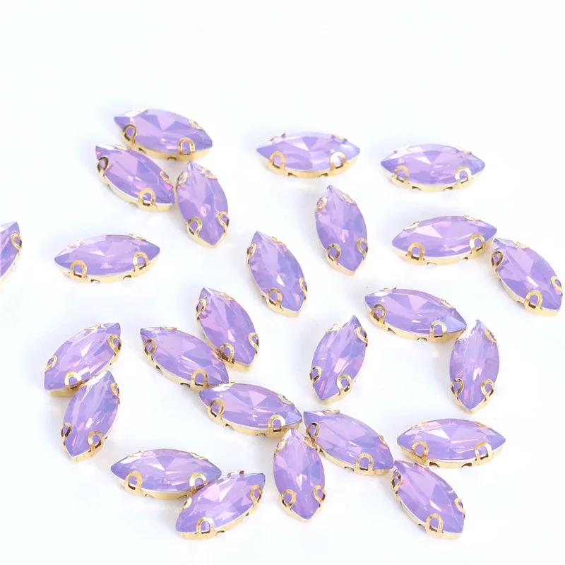 7x15mm Horse Eye Opal Crystal Green Resin Sew On Rhinestones With Gold Claw Sew on Stones Flatback for Clothing Accessories