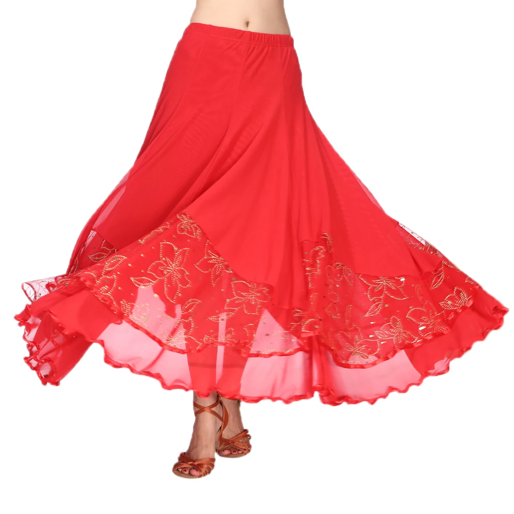 Long Flamenco Modern Dance Skirt Sequined Mesh Skirt Waltz Dress Women\'s Costume