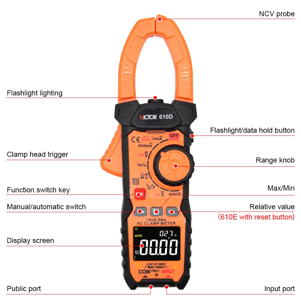 RuoShui 610D Digital Clamp Meter 1000V 1000A AC DC True RMS Professional Pinza Amperimetrica Capacitance Ohm Hz VFD Multimeter