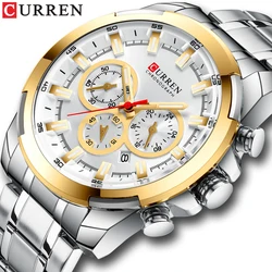 CURREN-reloj analógico de acero inoxidable para hombre, accesorio de pulsera de cuarzo resistente al agua con cronógrafo, complemento Masculino deportivo de marca de lujo con diseño moderno