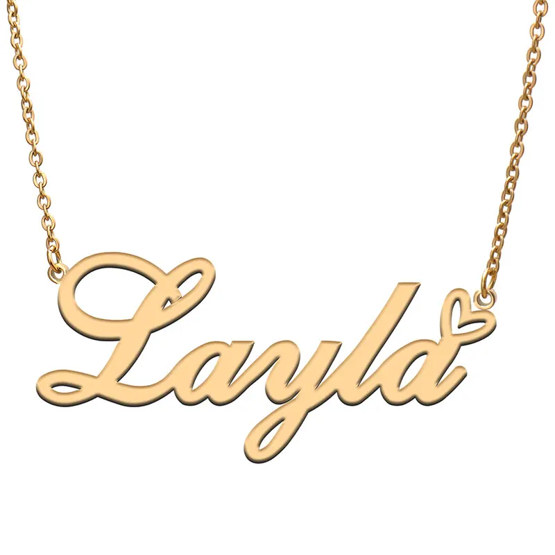 Layla Name with Love Heart Necklace for Women Stainless Steel Jewelry Nameplate Pendant Femme Mother Child Girls Gift