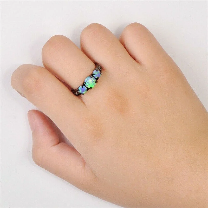 Vintage Wave Blue Simulated Opal Black Gold Fire Cross Wedding Ring Size 6-10