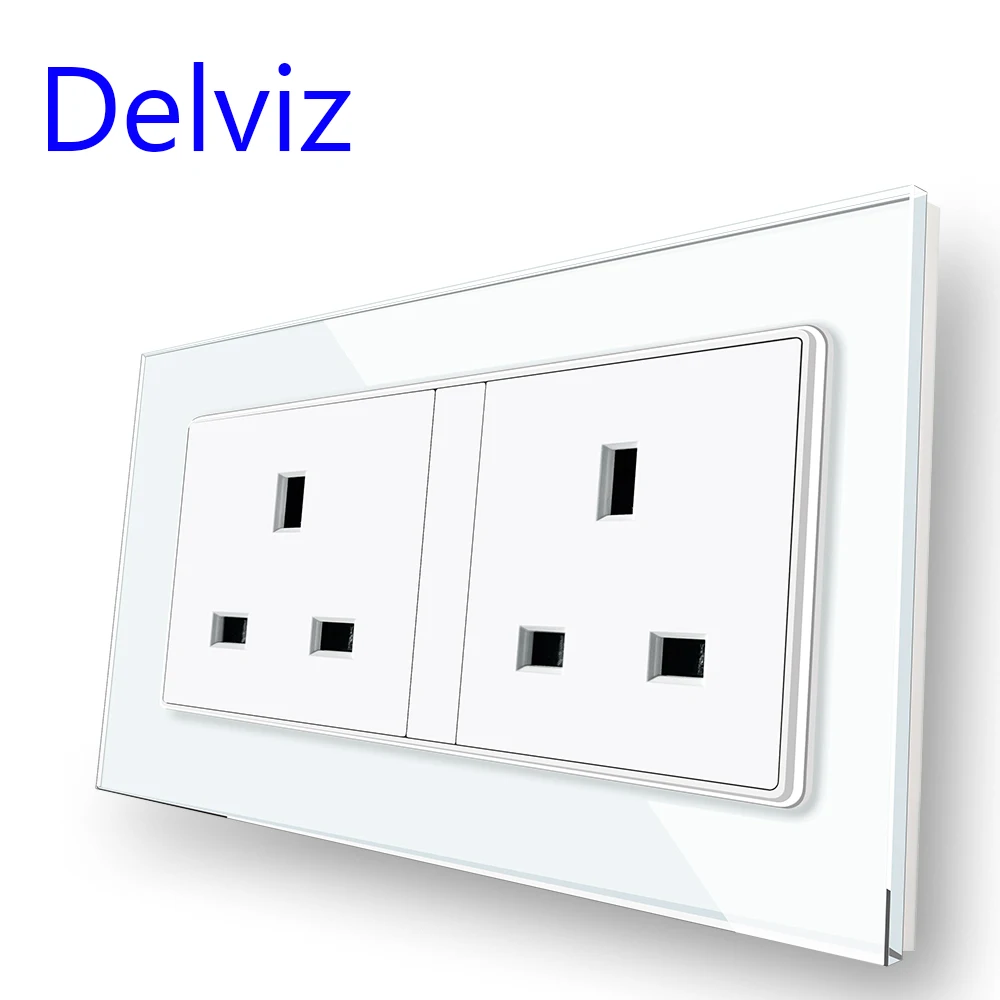 Delviz UK standard Wall Socket, 146mm*86mm Tempered Crystal Glass Panel,AC 110V-250V Power Outlet, 13A British Double Power Jack