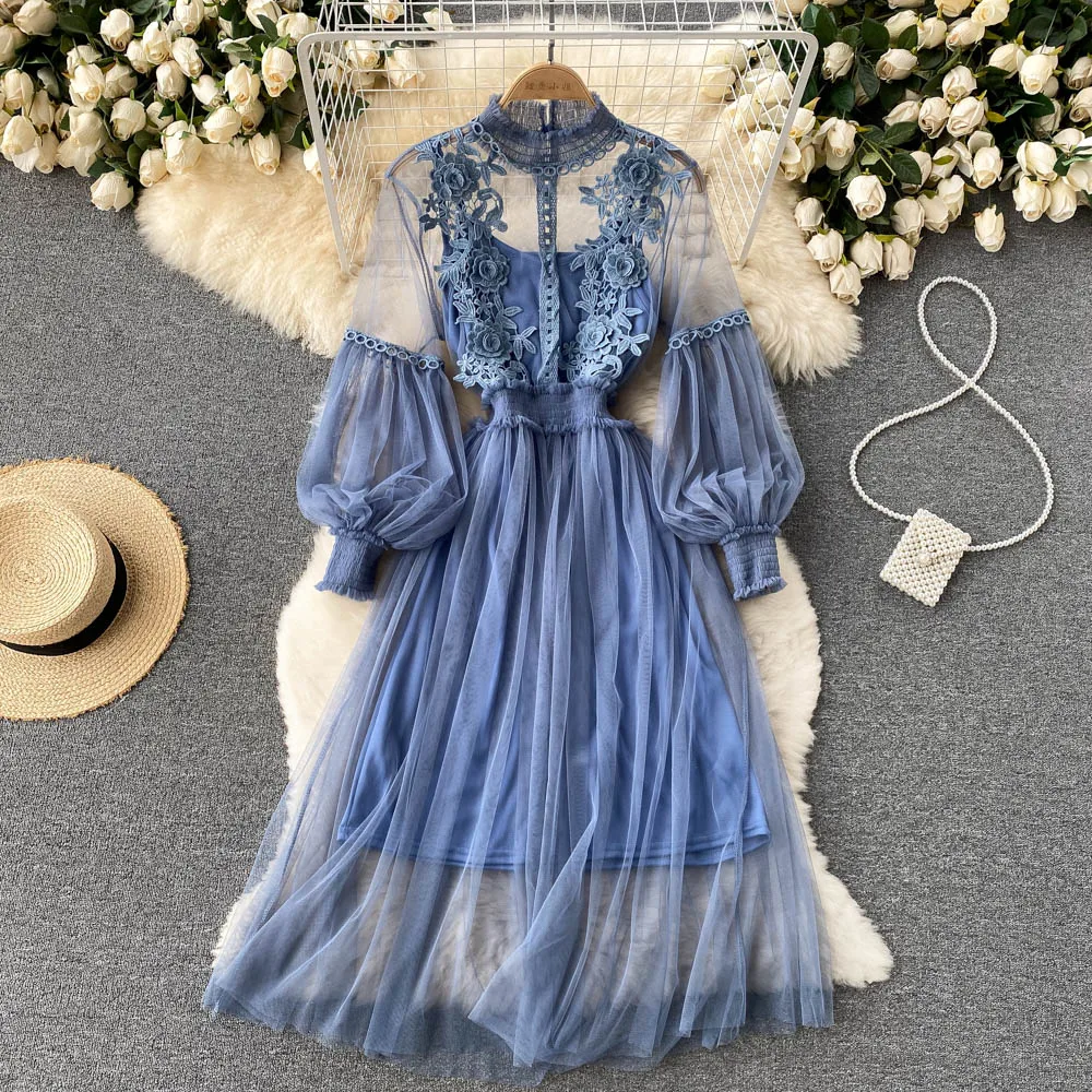 Two Pieces Hollow Out Flower Lace Dress Spring Women Sweet Lantern Sleeve Mesh Dress Female Long Pleated Party Dresses Vestidos