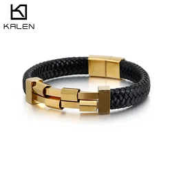KALEN Double Layer Stainless Steel Bangles Men Hiphop/Rock Cowhide Leather Bracelets For Men Jewelry