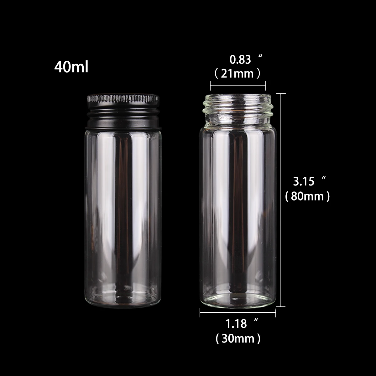 12 pieces 40ml Empty Glass Candy Bottles Jars with Black Aluminum Top lid 30*80mm for Wedding Favors Gift DIY Crafts