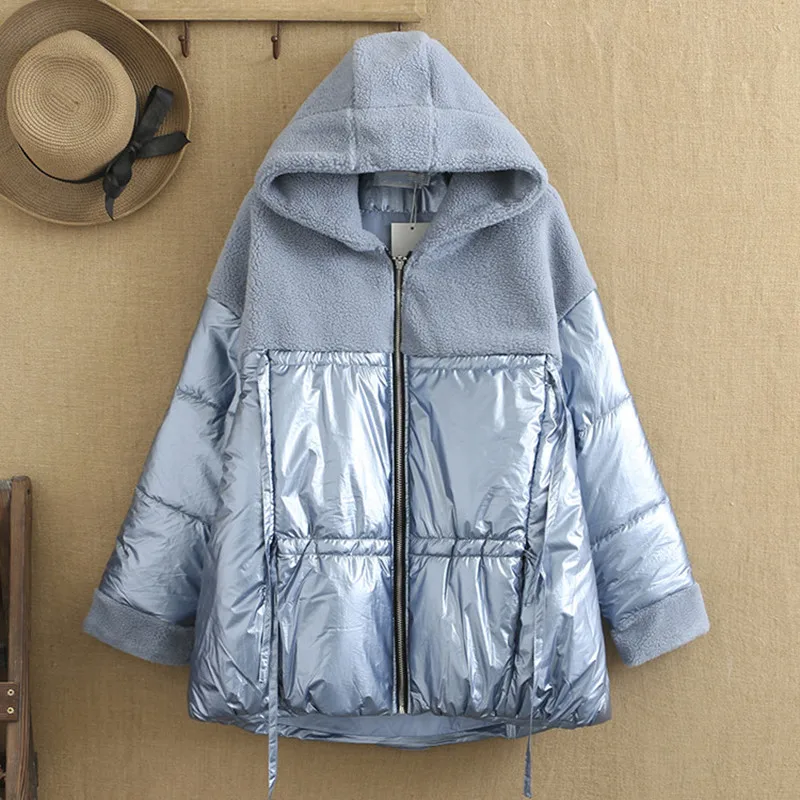 

Plus size winter women's cotton coat coat, hooded plush imitation leather patchwork jacket, in the middle of a cotton thickening