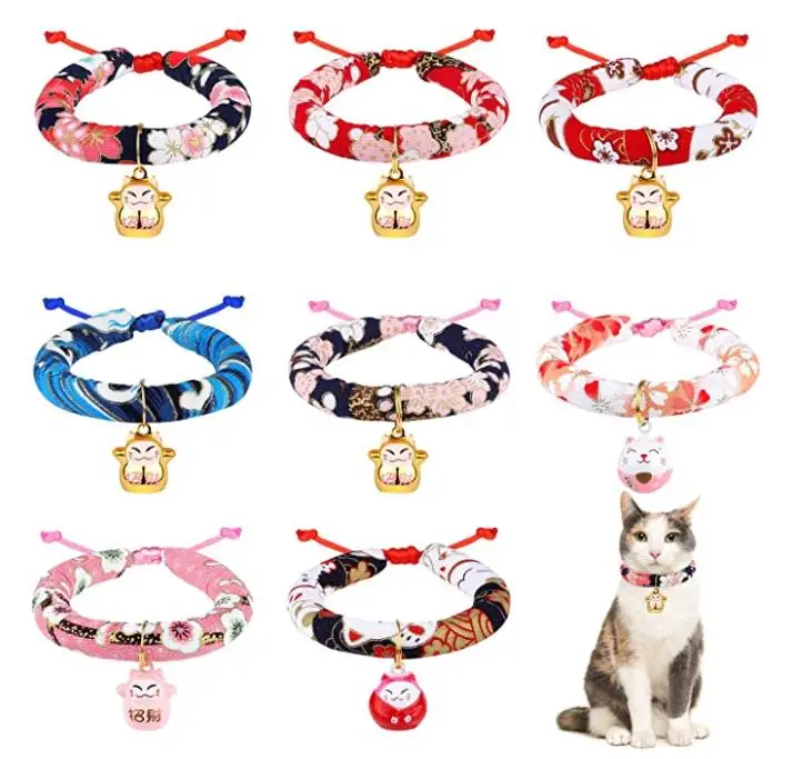 Pet Dogs Cats Collars Japanese Style With Maneki Feng Shui Fortune Lucky Cat Bell for Kitten Puppy Cloth Collar Adjustable 4size