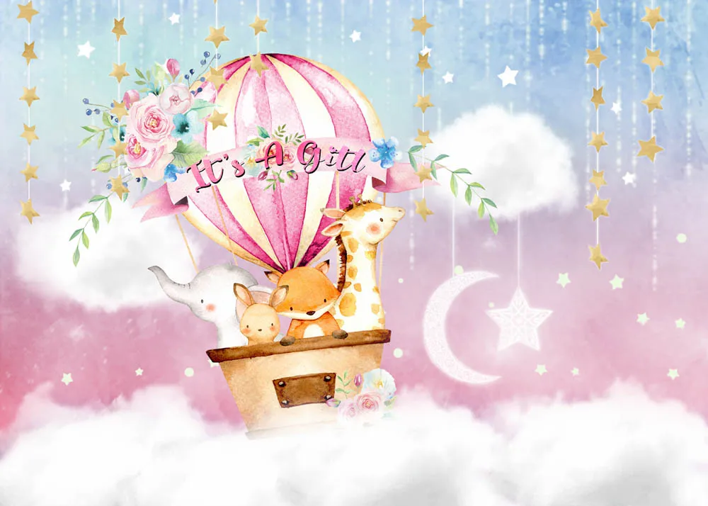 Avezanoの写真の背景ファンタジーピンク雲熱気球動物スターガールベビーシャワー背景写真スタジオphotocall