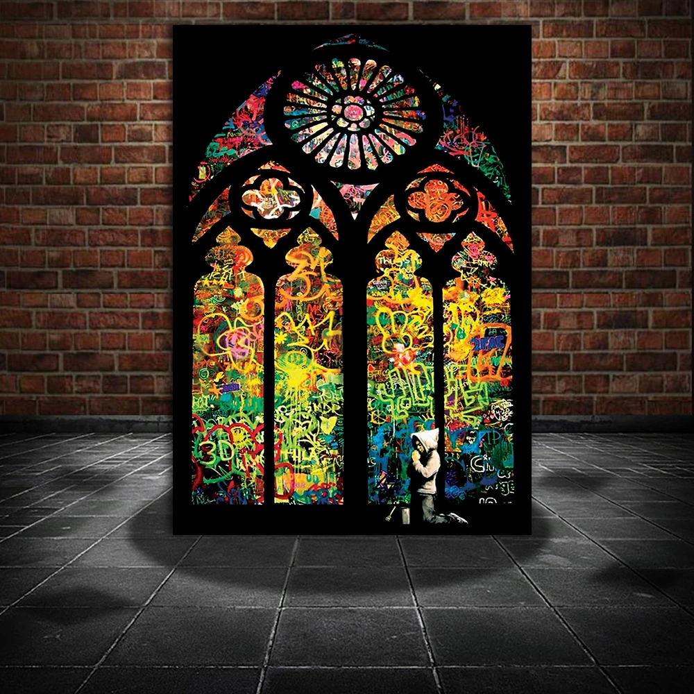 

Banksy Stained Glass Window Church Canvas Painting Moder Prints and Posters Cuadros Wall Art Pictures for Living Room Home Decor