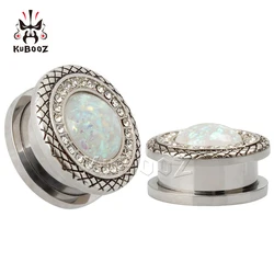 KUBOOZ Fashion Stainless Steel White Opal Border Ear Piercing Tunnels Plugs Gauges Body Jewelry Ear Expanders Stretchers 2PCS