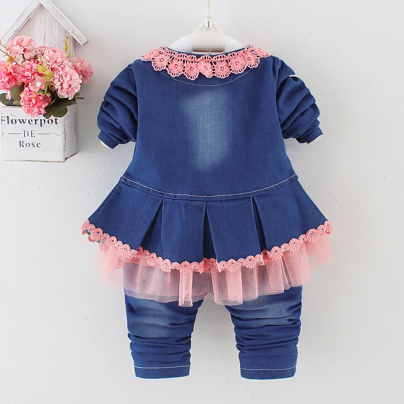 Spring Autumn Infant Toddler Baby Girl Denim Clothing Sets 3 pcs Long Sleeve T Shirt Tops Denim Jacket and Jeans Trousers