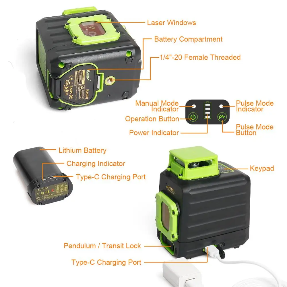 Huepar Cross Line Laser Level Green 360° Horizontal Two Vertical Lines Self-Leveling Li-ion Battery Type-C Charging Port & Hard