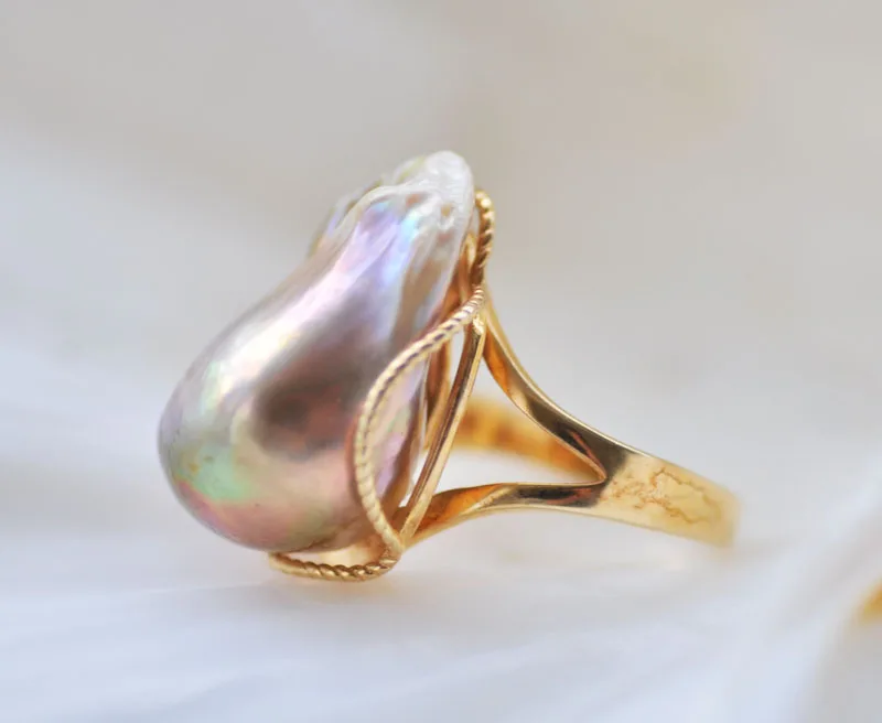 P7443 24mm Peacock-Lavender Baroque Reborn Keshi Pearl Ring view 4