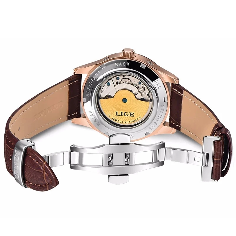 LIGE-reloj analógico con correa de cuero para hombre, accesorio de pulsera resistente al agua hasta 50M con mecanismo automático de movimiento,