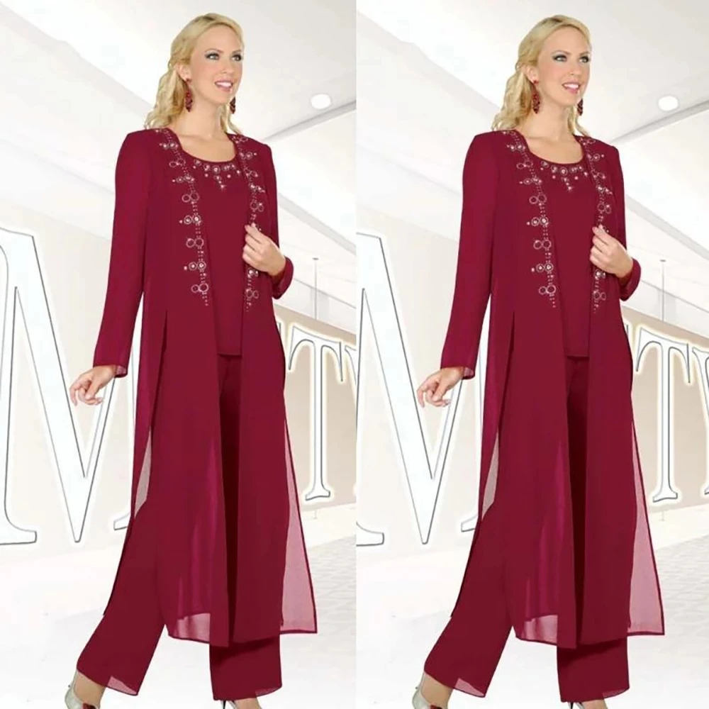 

Burgundy Mother Of The Bride Dresses Sheath Scoop Chiffon Beaded With Jacket Pants Suit Long Groom Mother Dresses For Weddings