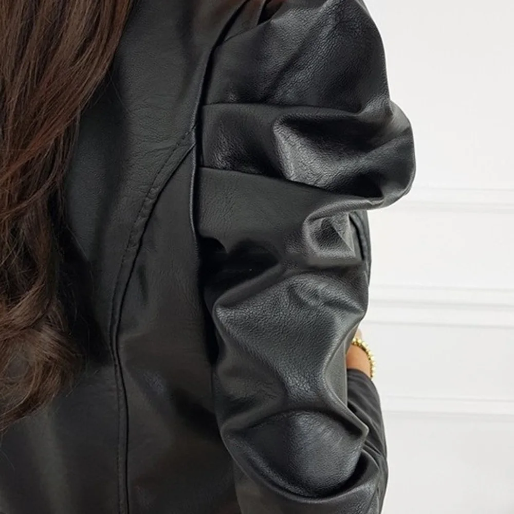 Black Faux Leather Jacket For Women Fashion Pu Leather Lady Coat Jackets With Zipper Outerwear Long Sleeve O Neck Female Top