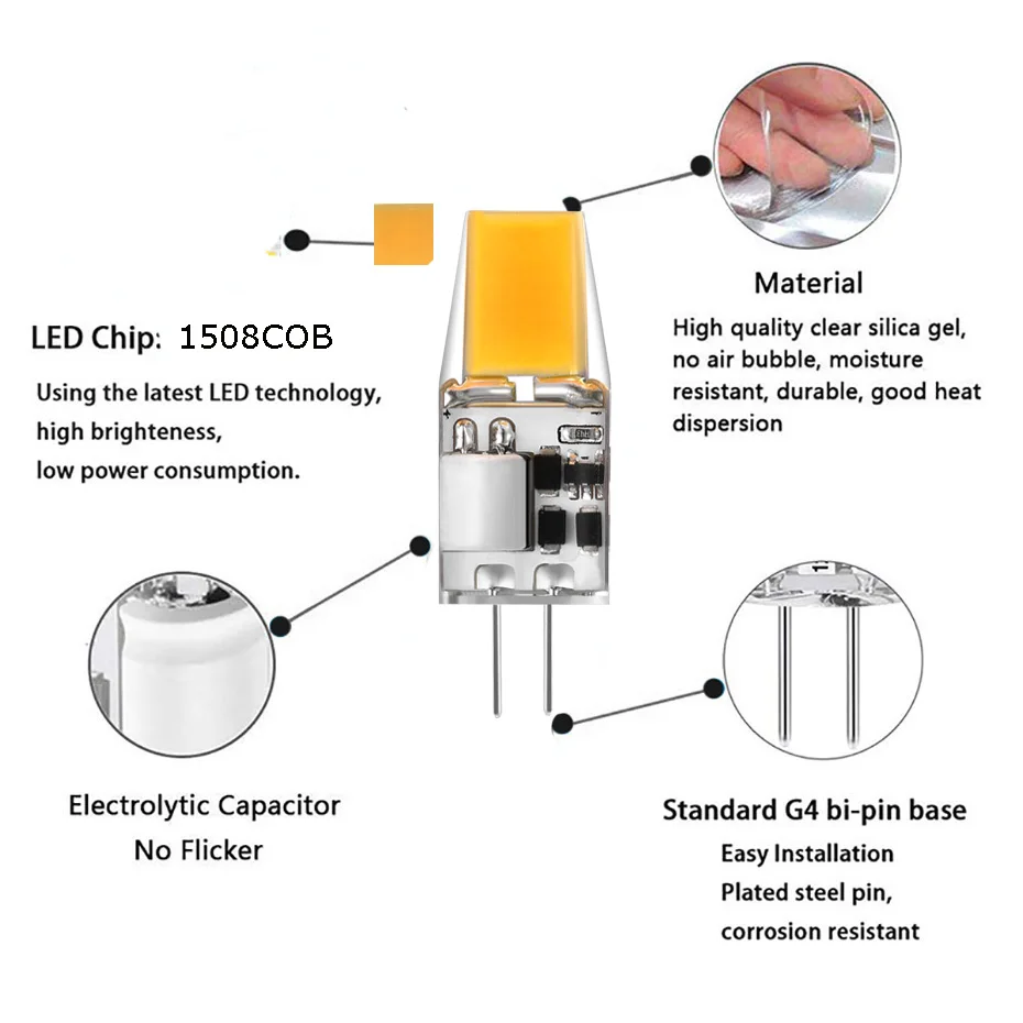 Imagem -03 - Lâmpada Cob com Peças de Led g4 12v ac dc 3w sem Cintilação 360 Graus g4 Lâmpada Ampul Iluminação para Casa Substitui Lâmpada de 30w Halogênio