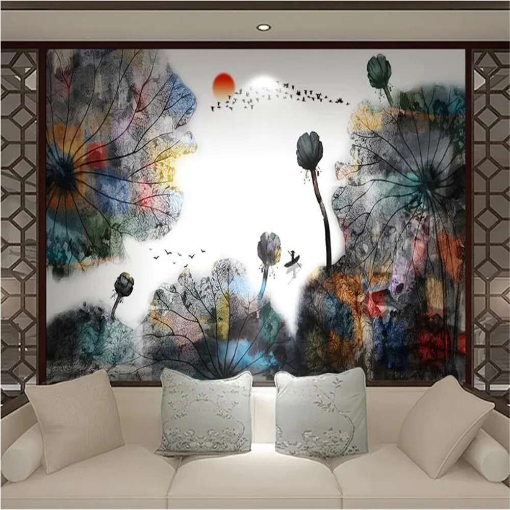 Milofi customized 3D photo wallpaper mural non-woven fabric new Chinese ink lotus decoration painting TV sofa background wall