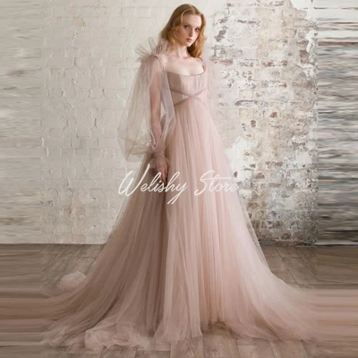 Pretty Nude Pink Draped Tulle Women Dresses Charming See Thru Lantern Sleeve A-Line Floor Length Long Prom-Gowns sukienka