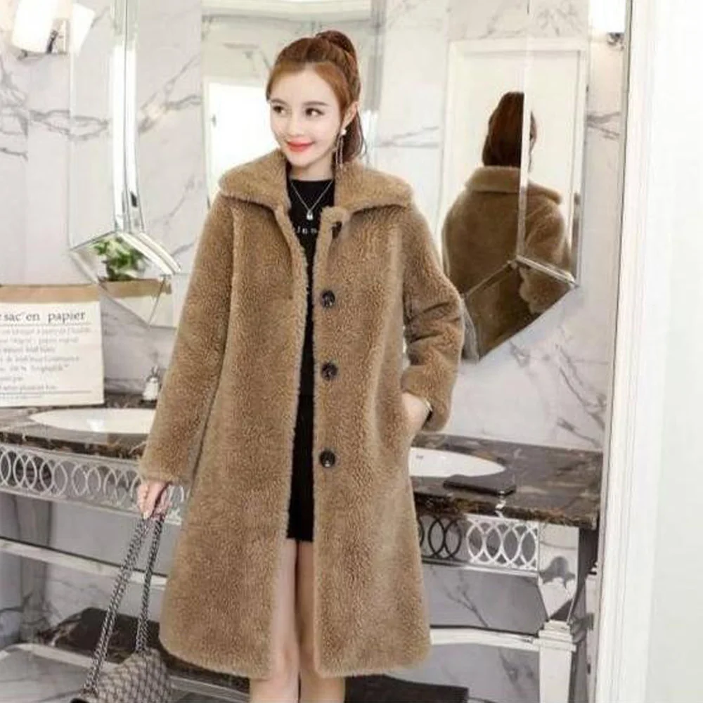 Women's Wool Coat Autumn Winter New Slim Thicken Wool Imitation Fur Coat Fashion Elegant Imitation Fur Coat Turn-Down Collar