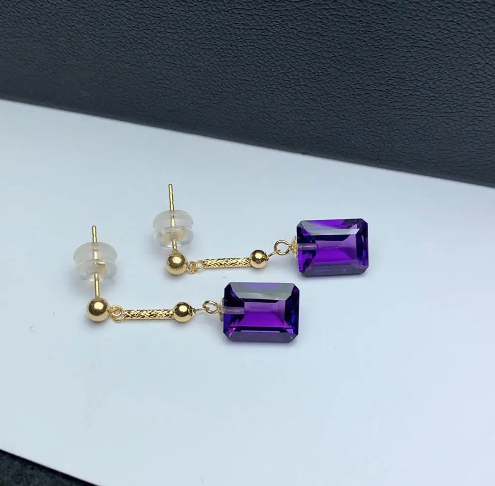 shilovem 18K yellow Gold Piezoelectric Amethyst stud earrings fine Jewelry trendy wedding gift  plant women 7*9mm  myme0709888z