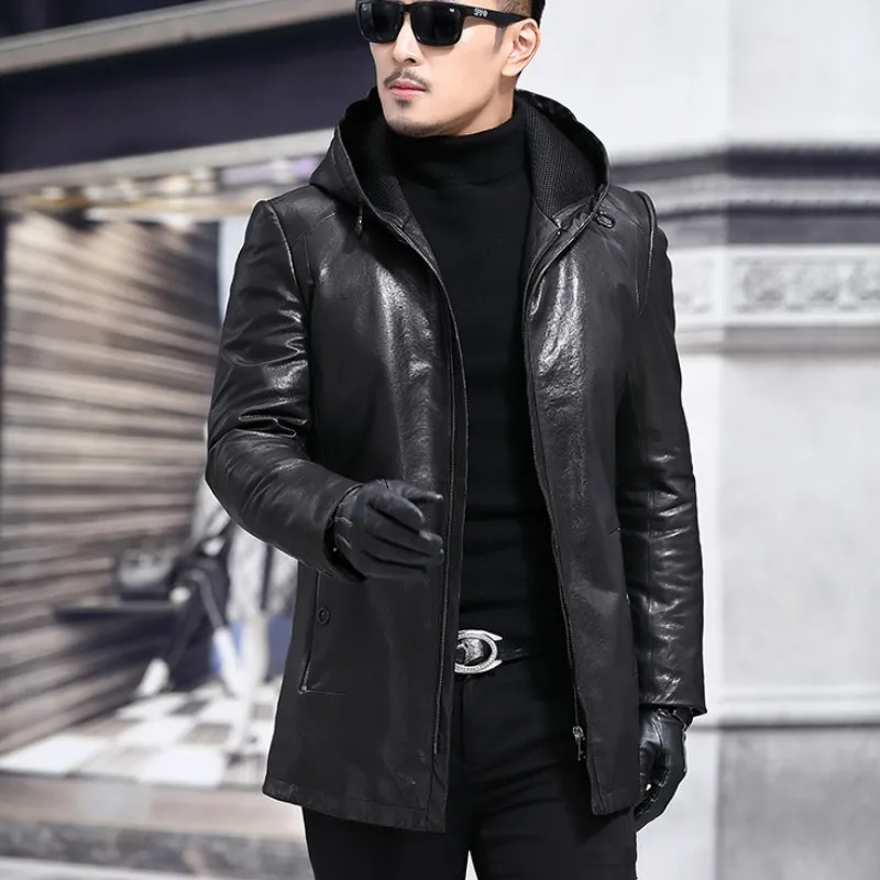 Winter Business Casual Hooded Long Coat Mens Genuine Leather Down Jacket L-5XL Slim Fit Black Sheepskin Outerwear Male