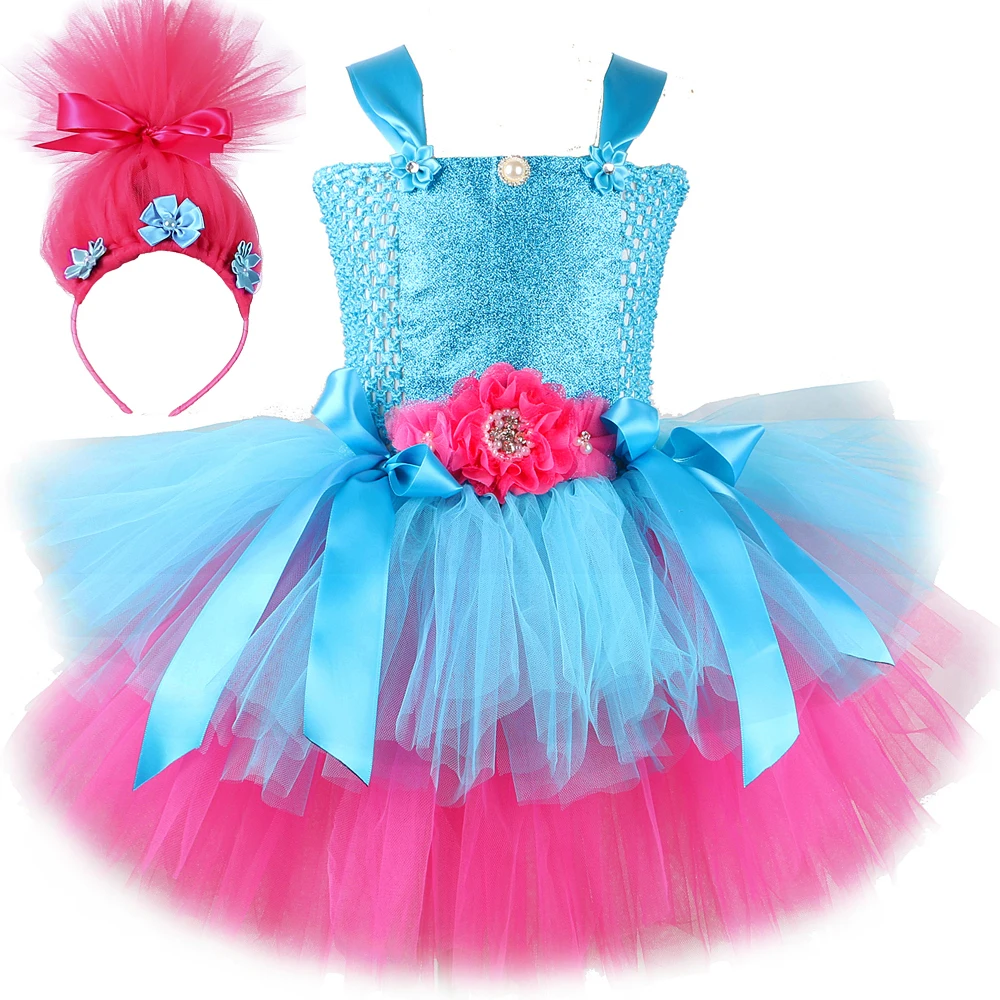 Trolls Tutu Dress for Girls Princess Poppy Birthday Costumes for Kids Magic Elves Halloween Dresses Girl Fairy Flower Outfits