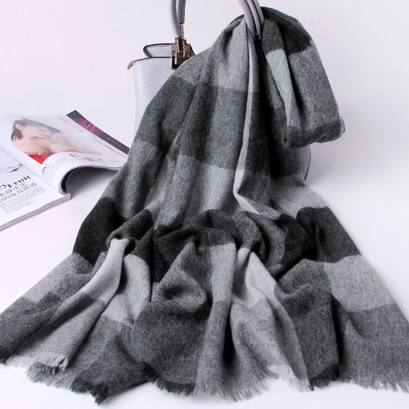 100% Wool Scarf for Women Winter Plaid Shawls and Wraps for Ladies Brand Echarpe Pashmina Plaid Warm Scarves Wool Foulard Femme