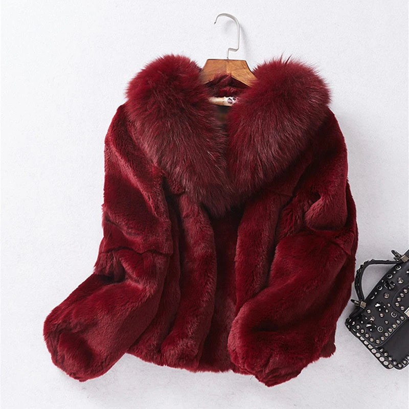 Abrigo de piel sintética de zorro para mujer, cuello de piel sintética de conejo corto, chaquetas cálidas rojas delgadas, ropa de abrigo de piel