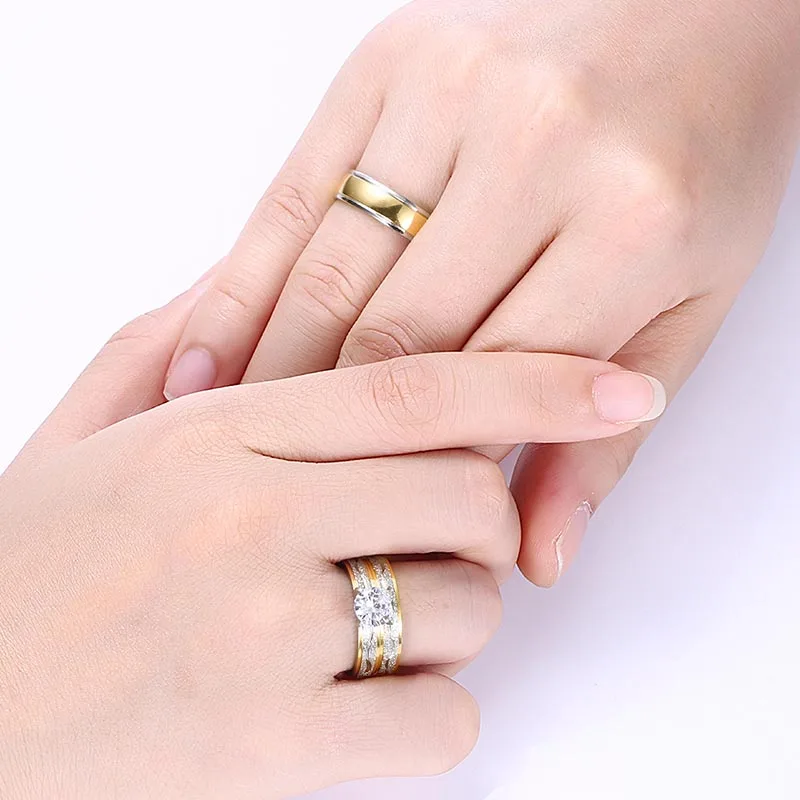 Couple Rings Exquisite Women Rhinestones Zirconia Rings Set Simple Men Stainless Steel Ring Wedding  Jewelry Gifts For Lover