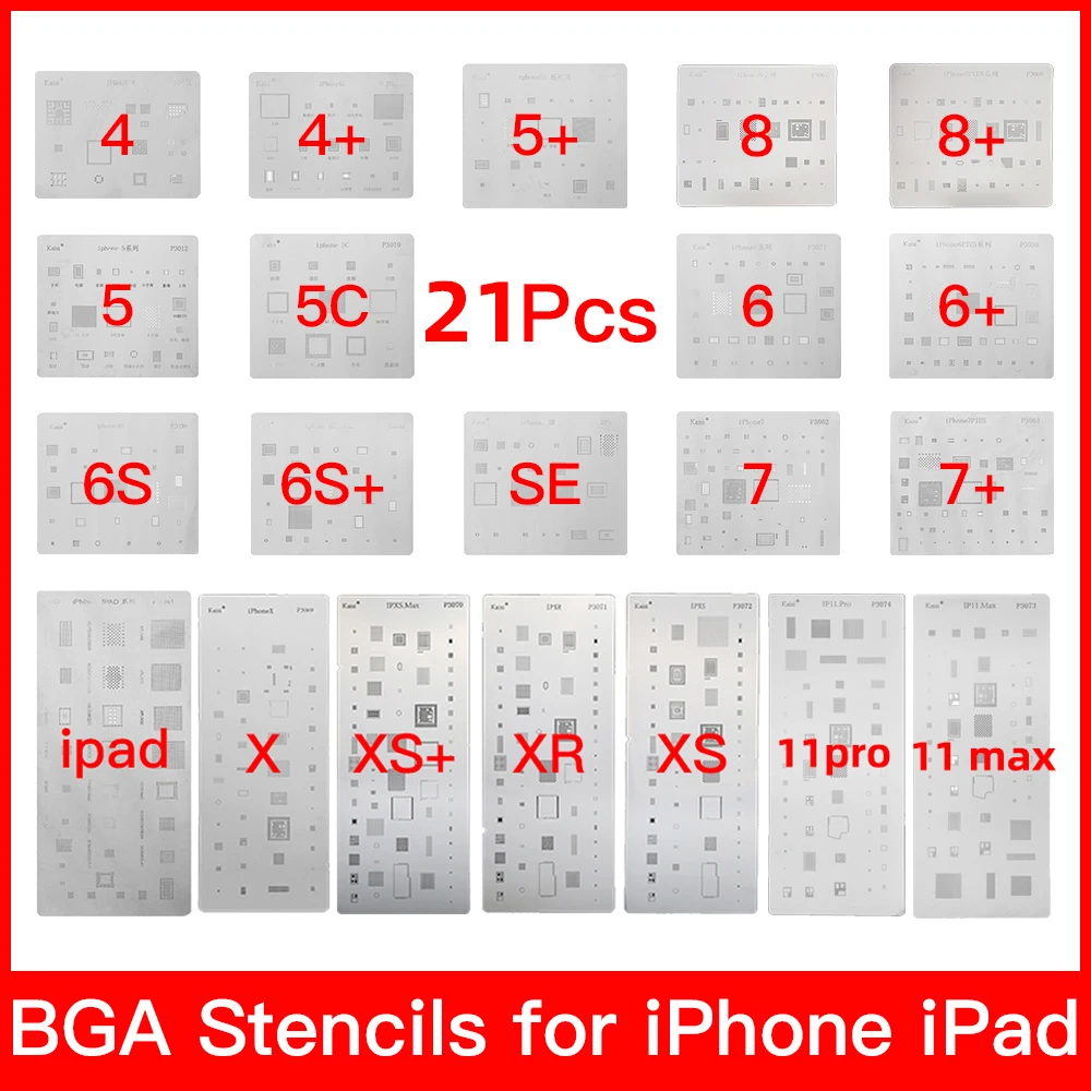 

Kaisi 19 Pcs Full Set IC Chip BGA Reballing Stencil Kits For iPhone 11 11 Pro XS MAX XR 8p 7 6s 6 SE 5S 5C 5 iPad High Quality