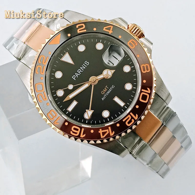 Parnis 40 Mm Sapphire Glass Ceramic Bezel Hitam Panggil GMT Jendela Tanggal Otomatis Pria Top Mewah Jam Tangan Mekanis