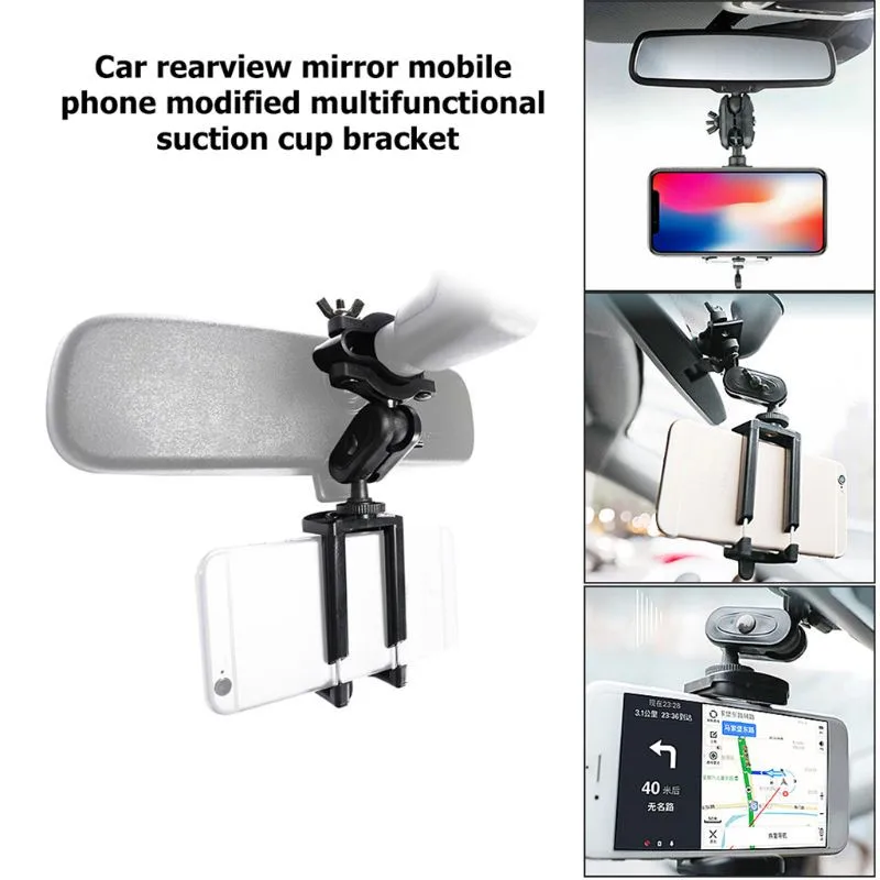 Car Rearview Mirror Phone Holder 360 Degree Rotatable For iPhone Samsung GPS Navigation Display Black Metal Car Phone Support