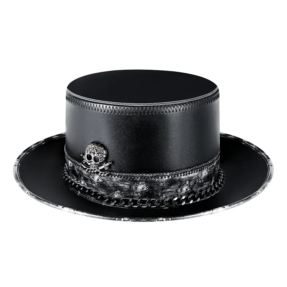 Halloween Rave Party Props 2022 New Adult Middles Ages Vintage Steampunk Style Human Skeleton PU Leather Gentleman Ghost Hat