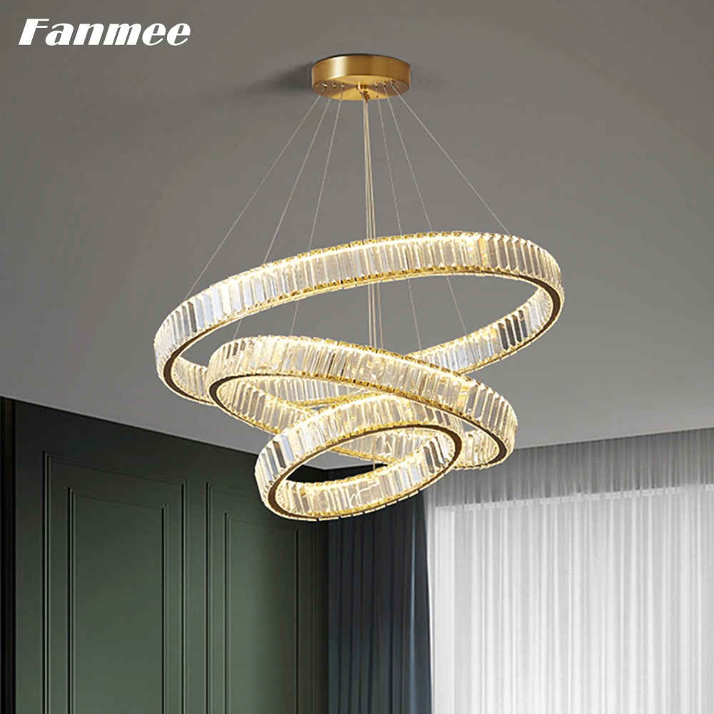 Modern Minimalist Clear Crystal Rings Chandelier Light LED Gold Loop Decorative Indoor Light Fixture for Living Room Bedroom