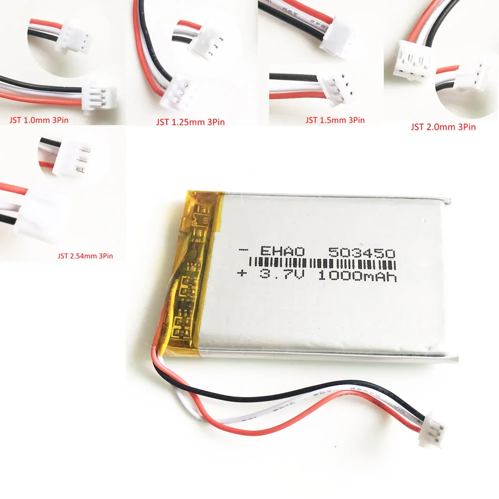 Akumulator litowo-polimerowy LiPo 3,7 V 1000 mAh 503450   + Wtyczka JST 3pin do kamery MP3 Rejestrator Bluetooth Głośnik LEDLight