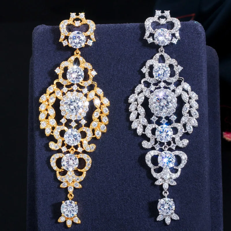 Pera Sparkling Cubic Zirconia Bridal White Gold Color Long Large Chandelier Drop Dangle Earrings for Wedding Women Jewelry E495