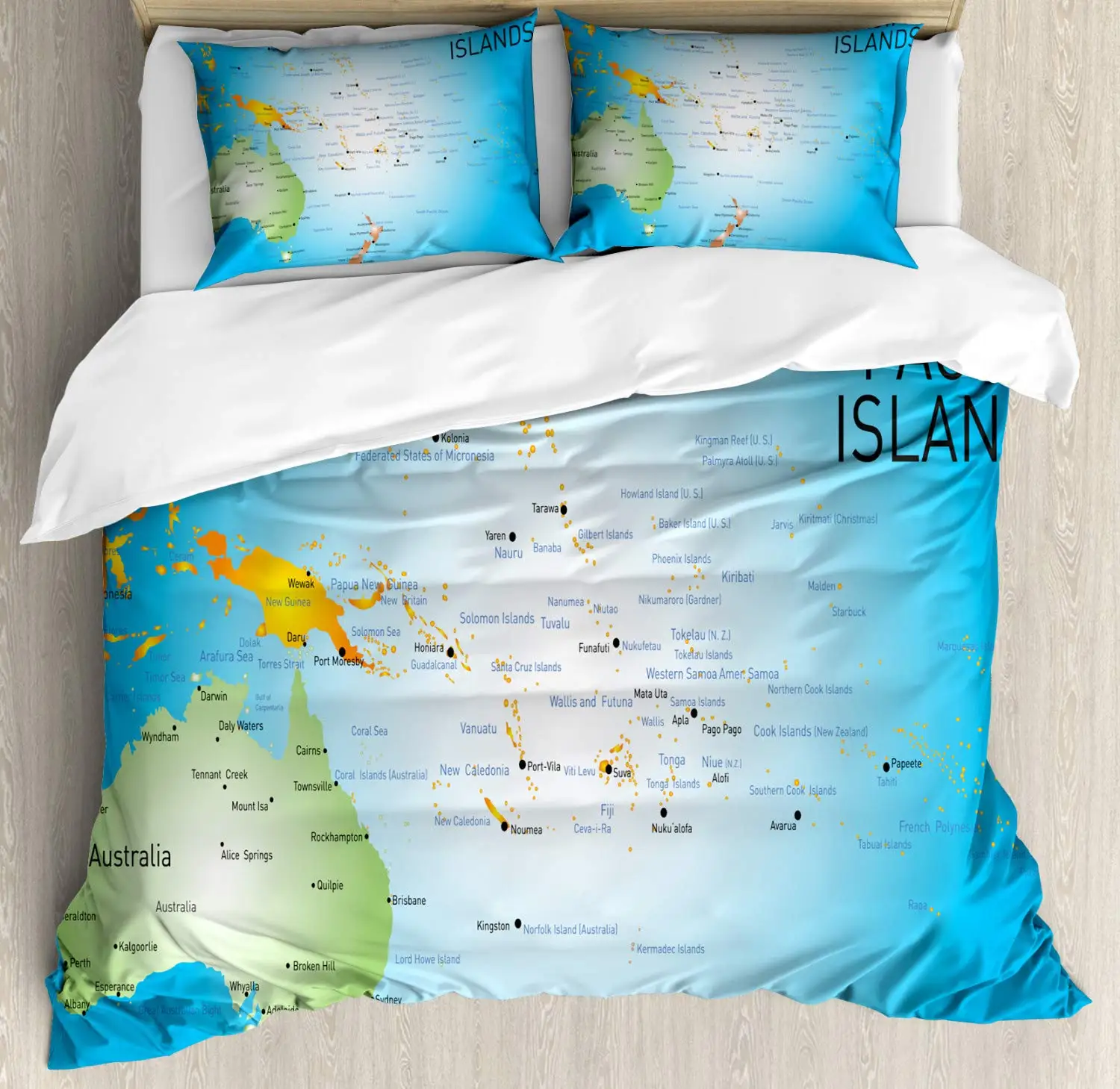 Map Duvet Cover Set Informational Design of Pacific Islands 3 Piece Bedding Set Sky Blue Pistachio Green Charcoal Grey and Earth