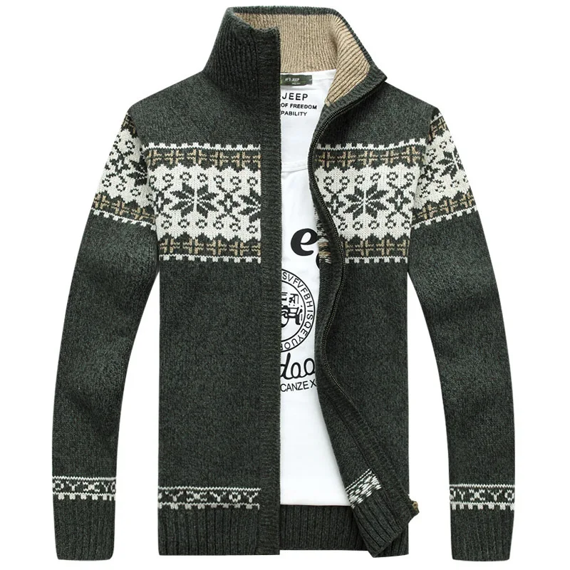 Winter Men's Jacquard Sweater Coat Slim Stand Collar Tide Wool Knitted Cardigan Full Zip Casual Warm Male Clothing for Autumn 5X