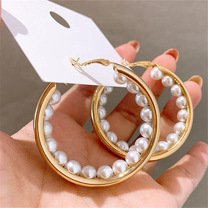 Fashion Pearl Paved Big Circle Hoop Earrings For Women New Jewelry Statement Personality Earings