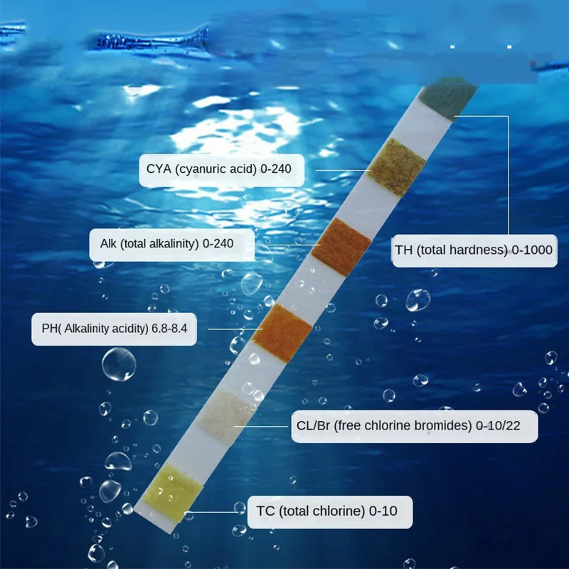 Papel de prueba de calidad del agua para piscina, 3/4/5/6 en 1, cloro Residual, valor de PH, dureza alcalina, tira de prueba, botella, 50 unidades