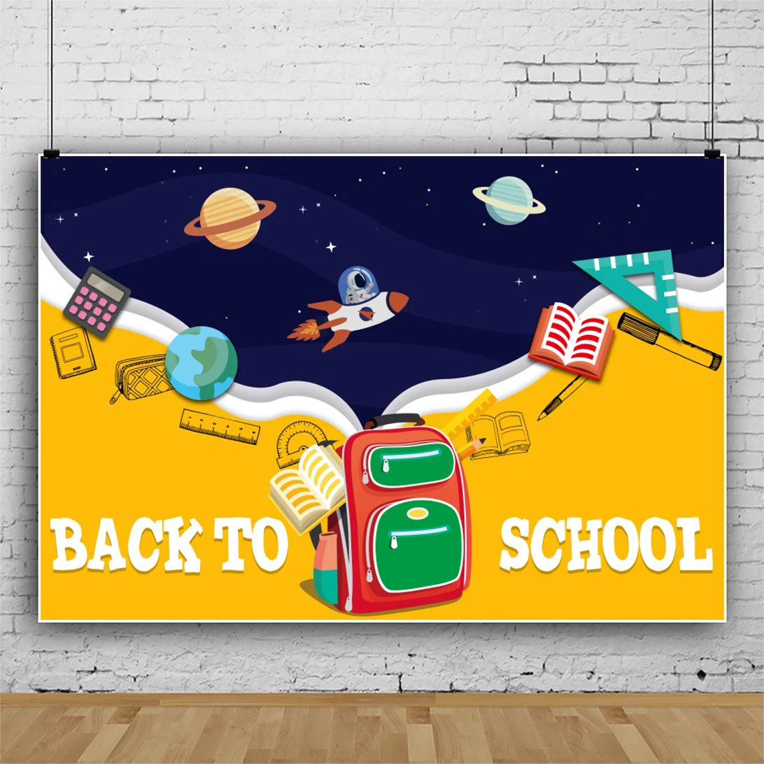 Laeacco Back To School Backdrop Cartoon Spaceship Planet Starry Stationery Pattern Photo Background Photography For Photo Studio