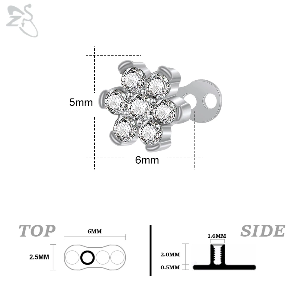 ZS 2PCS/LOT CZ Crystal Opal Skin Diver Round Dermal Piercings Flower 316L Stainless Steel Micro Dermal Anchor Hide in Surface