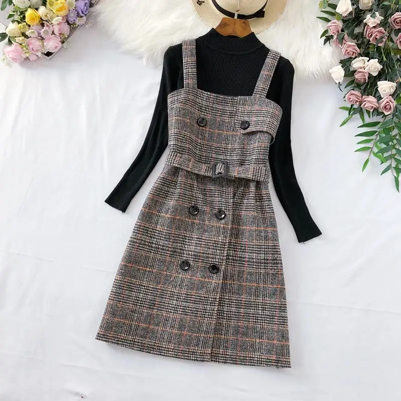 Fashion Autumn Winter Two Piece Set Dress Women Plaid Woolen Spaghetti Strap Dress With Belt Streetwear Knee-Length Sundress