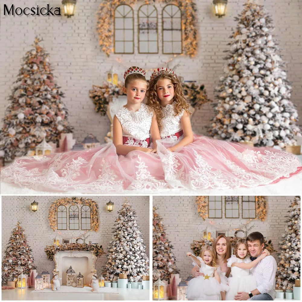 

Christmas Room Background White Brick Wall Girl Portrait Photoshoot Backdrop Xmas Tree Fireplace Photo Props Child Photostudio