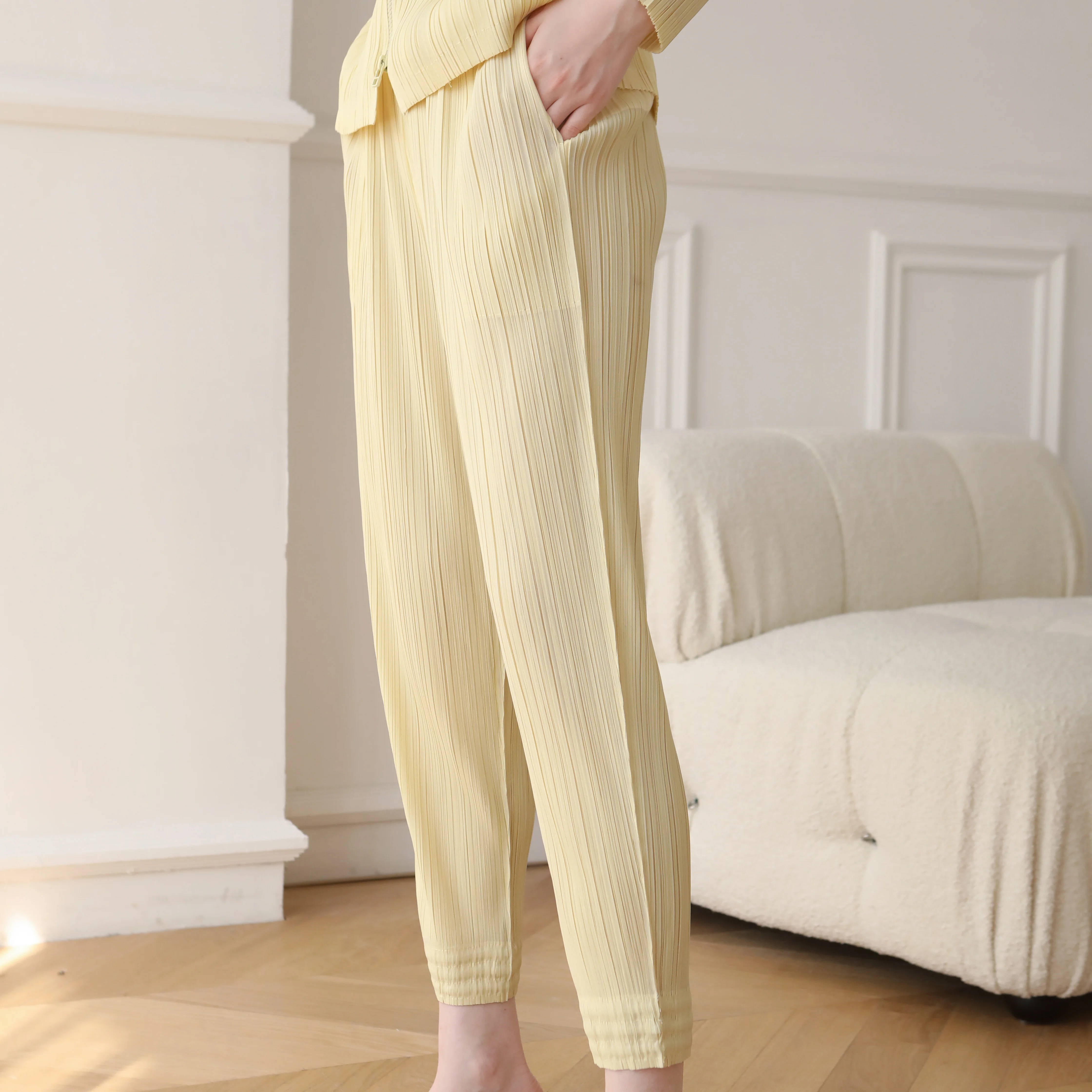 

Miyake Pleated Slim and Versatile Casual Nine-cent Pants, Pleats Trousers, Autumn and Spring