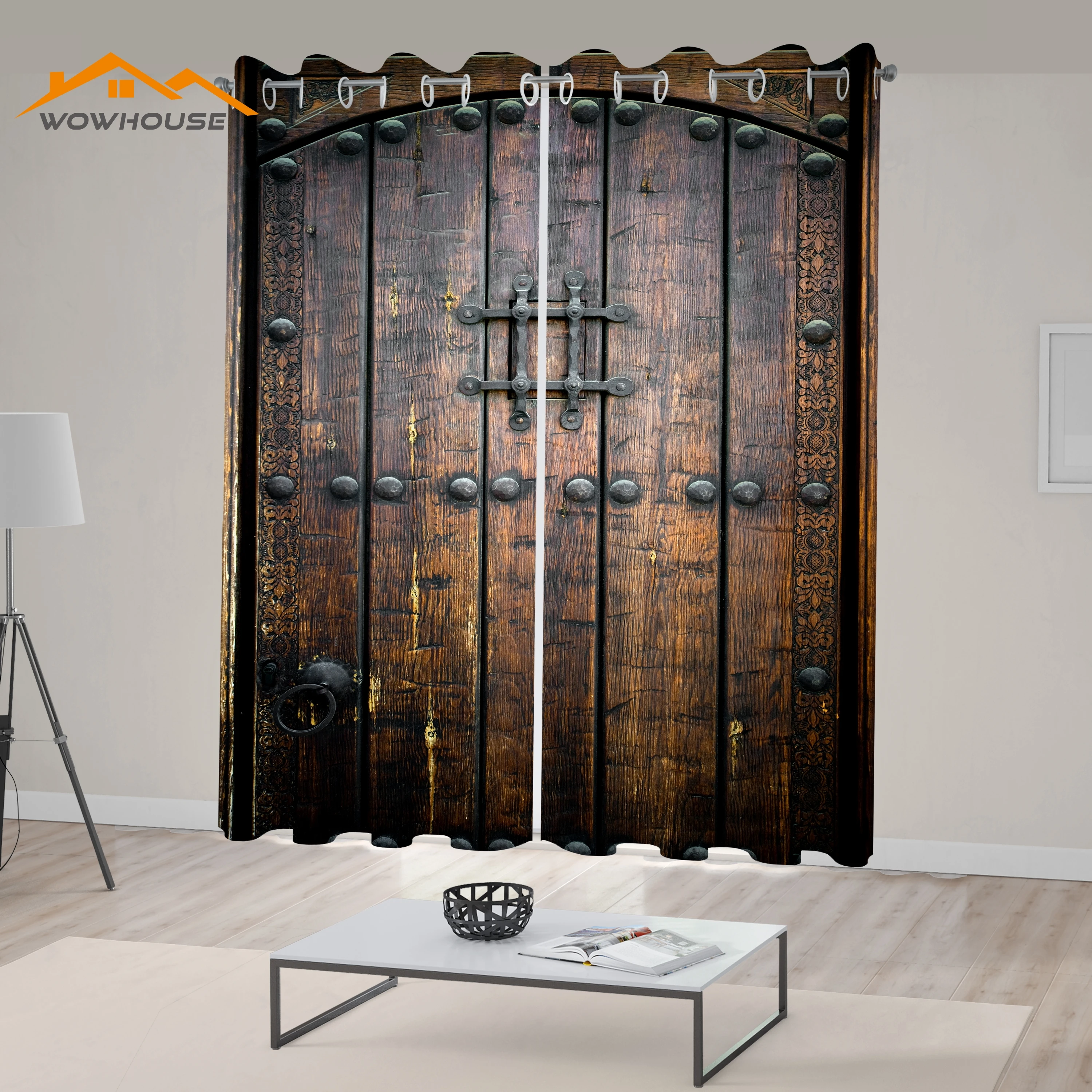 Rustic Window Curtains Wooden Door Historical Vintage Exterior Medieval Structure Print Living Room Decor Bedroom Black Brown