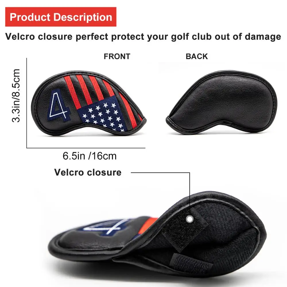 Aliennana Golf Iron Club Covers Set, Black, USA American Flag, Over Size 4-9,P, 10Pcs Set