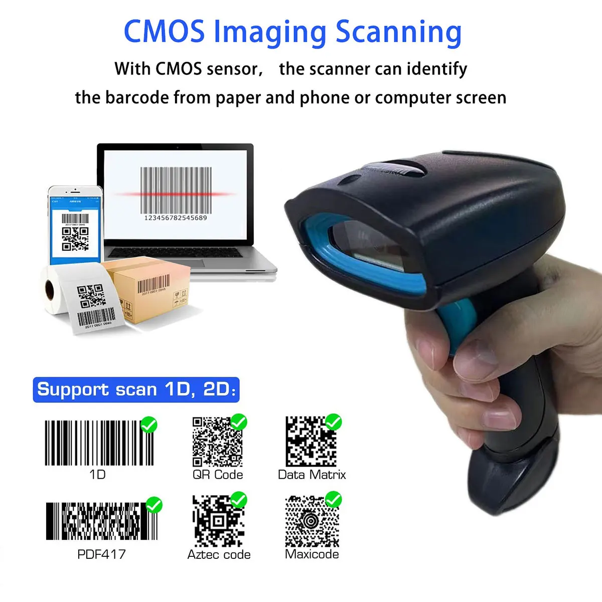 Scanner di codici 1D 2D Bluetooth Barcod Scanner palmare cablato Laser QR lettore di codici a barre per inventario magazzino POS